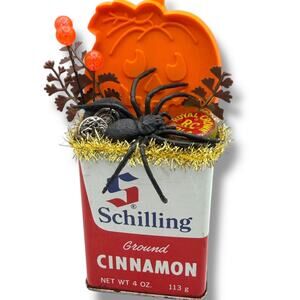 Halloween Cinnamon Spider Assemblage Display Vintage Tin Spice